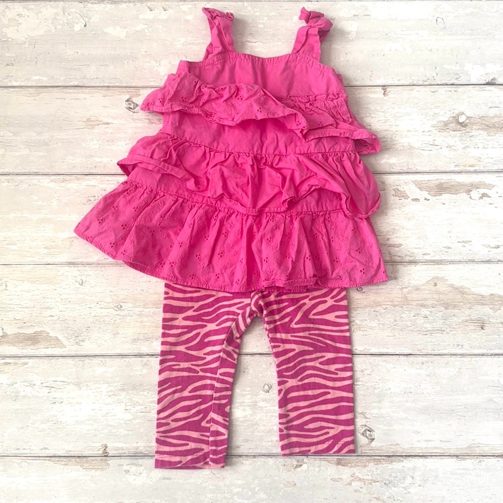Baby Girl 12m Outfit Pink Ruffle Eyelet Tank Top Dress & Zebra Print Leggings